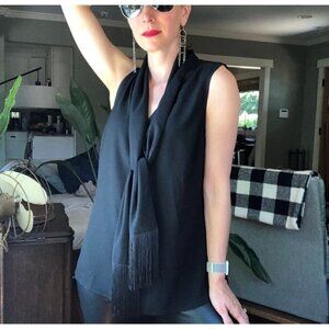 CAbi Black Sleeveless Scarf-Front Fringe Blouse